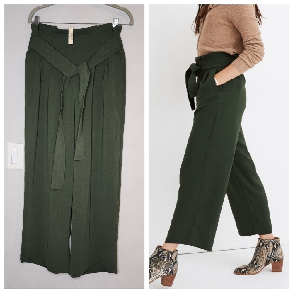 NWT Madewell LT Tie-Waist Huston Pull-On Crop Pants Forest Green Size Large Tall